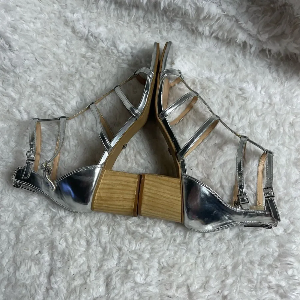 Nanette Lepore metallic silver T ankle straps sandals back zipper block 2” heels